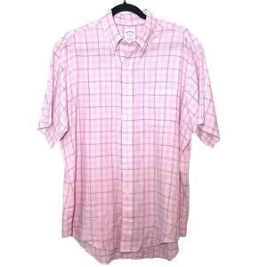Brooks Bros Men’s Irish Linen Short Sleeve Button Down Pink/Blue Plaid Size L